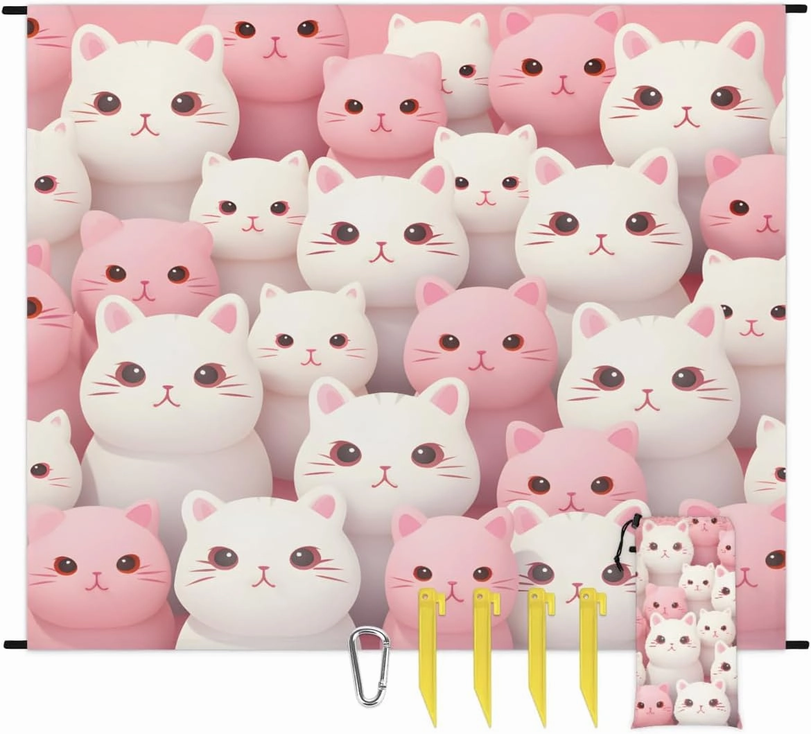 Beach Blanket, Cat Sandproof Beach Mat, Waterproof Quick Drying Sand Free Mat with 4 x Ground Spikes for Outdoor Travel Camping Hiking, Cartoon Kittens 68 x 59 in
