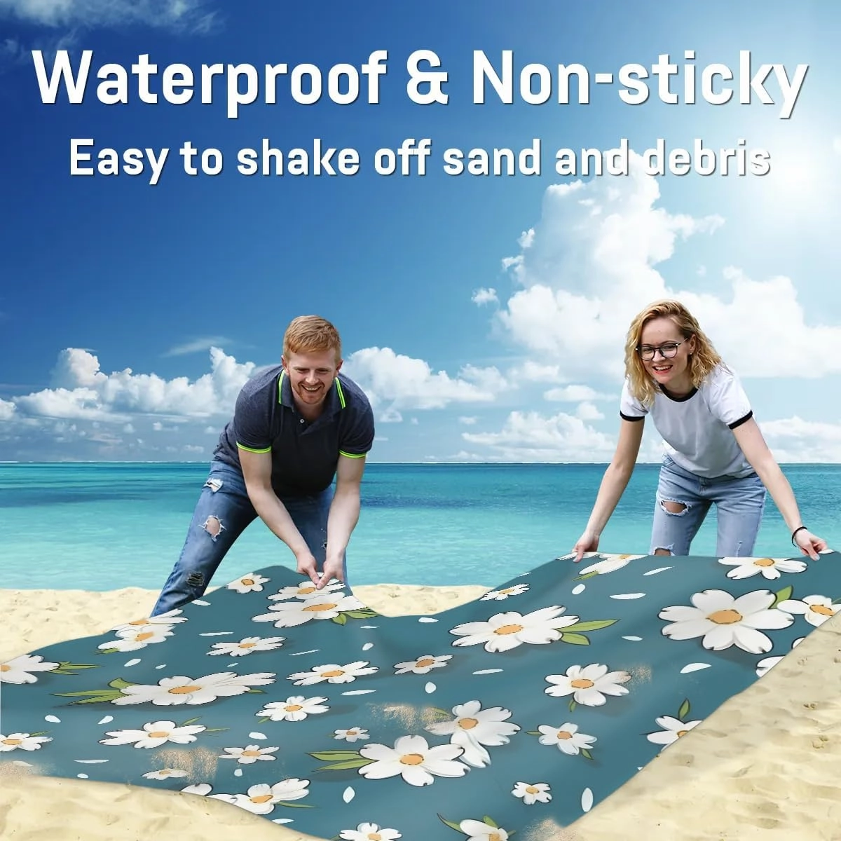 Beach Blanket, Daisy Floral Sandproof Beach Mat, Waterproof Quick Drying Sand Free Mat with 4 x Ground Spikes for Outdoor Travel Camping Hiking, Spring Flower 68 x 59 in