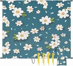 Beach Blanket, Daisy Floral Sandproof Beach Mat, Waterproof Quick Drying Sand Free Mat with 4 x Ground Spikes for Outdoor Travel Camping Hiking, Spring Flower 68 x 59 in