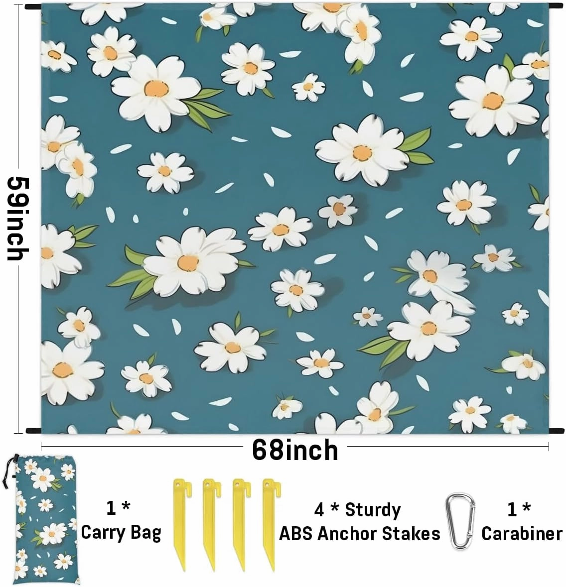 Beach Blanket, Daisy Floral Sandproof Beach Mat, Waterproof Quick Drying Sand Free Mat with 4 x Ground Spikes for Outdoor Travel Camping Hiking, Spring Flower 68 x 59 in