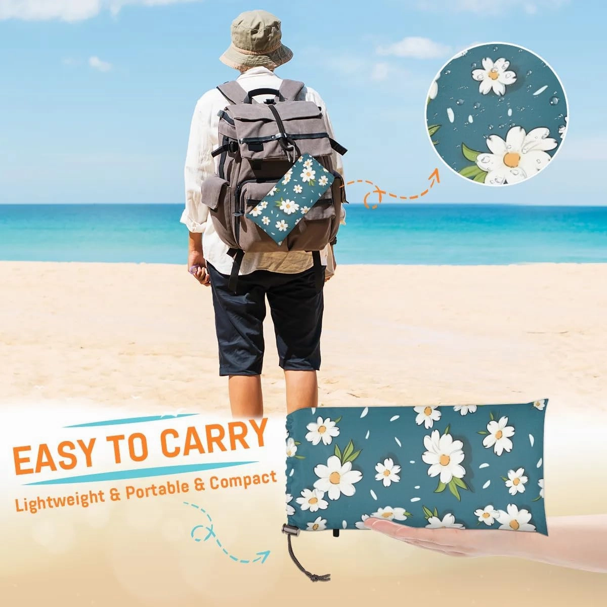 Beach Blanket, Daisy Floral Sandproof Beach Mat, Waterproof Quick Drying Sand Free Mat with 4 x Ground Spikes for Outdoor Travel Camping Hiking, Spring Flower 68 x 59 in