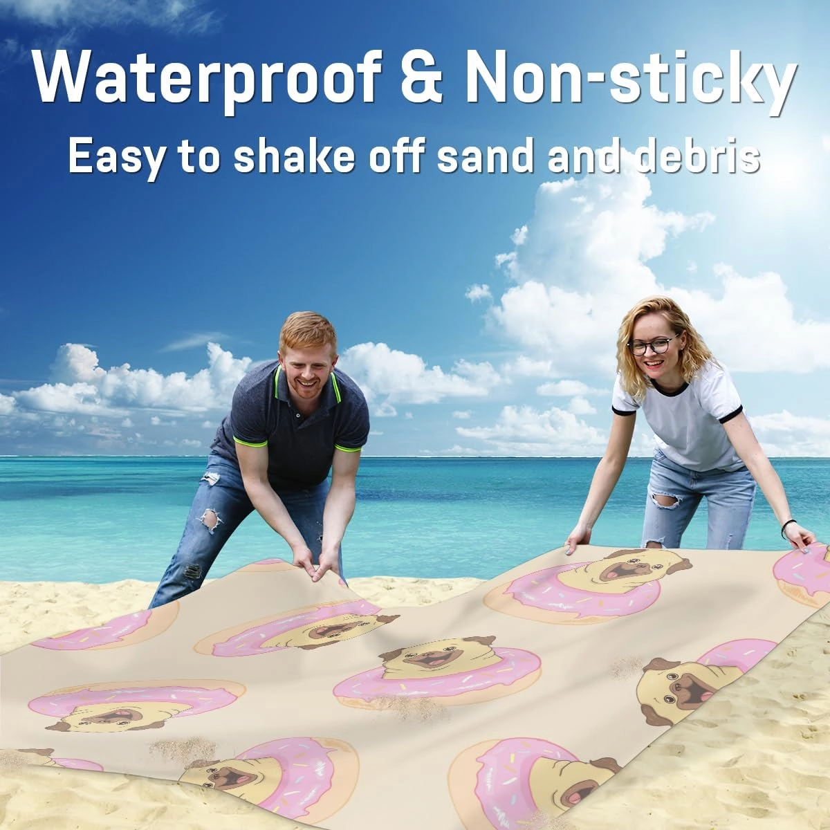 Beach Blanket, Dog Sandproof Beach Mat, Waterproof Quick Drying Sand Free Mat with 4 x Ground Spikes for Outdoor Travel Camping Hiking, Doughnut Dog 68 x 59 in