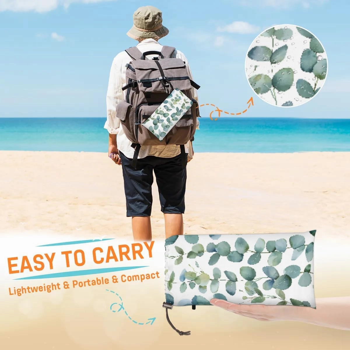 Beach Blanket, Eucalyptus Leaf Sandproof Beach Mat, Waterproof Quick Drying Sand Free Mat with 4 x Ground Spikes for Outdoor Travel Camping Hiking, Sage Green Spring 68 x 59 in