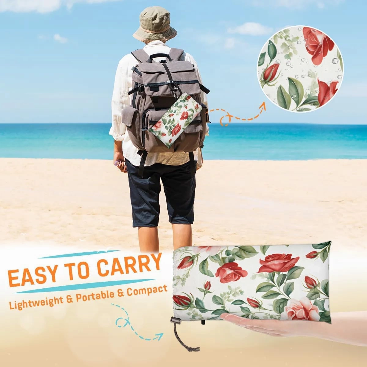 Beach Blanket, Floral Sandproof Beach Mat, Waterproof Quick Drying Sand Free Mat with 4 x Ground Spikes for Outdoor Travel Camping Hiking, Rose Flowers 68 x 59 in