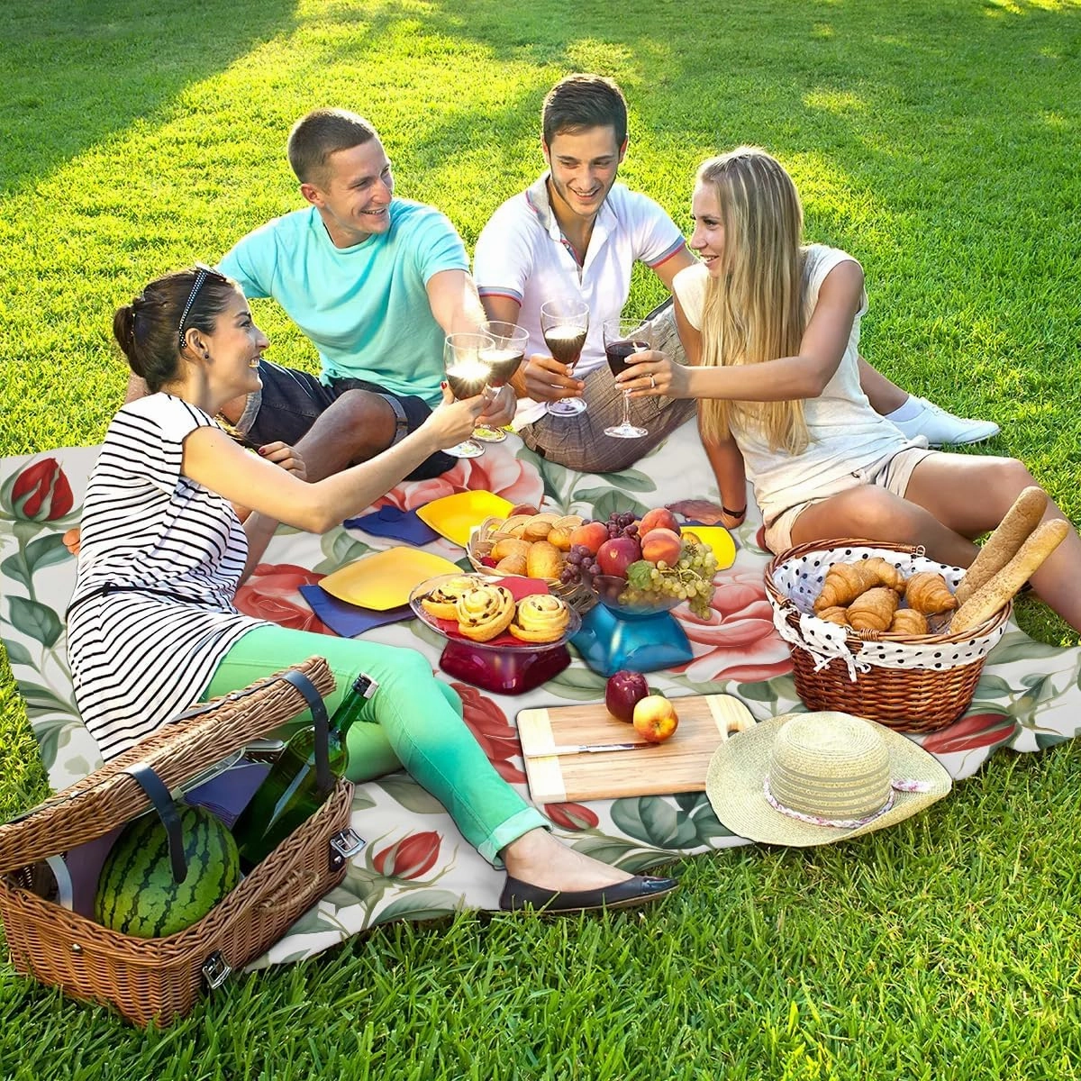 Beach Blanket, Floral Sandproof Beach Mat, Waterproof Quick Drying Sand Free Mat with 4 x Ground Spikes for Outdoor Travel Camping Hiking, Rose Flowers 68 x 59 in