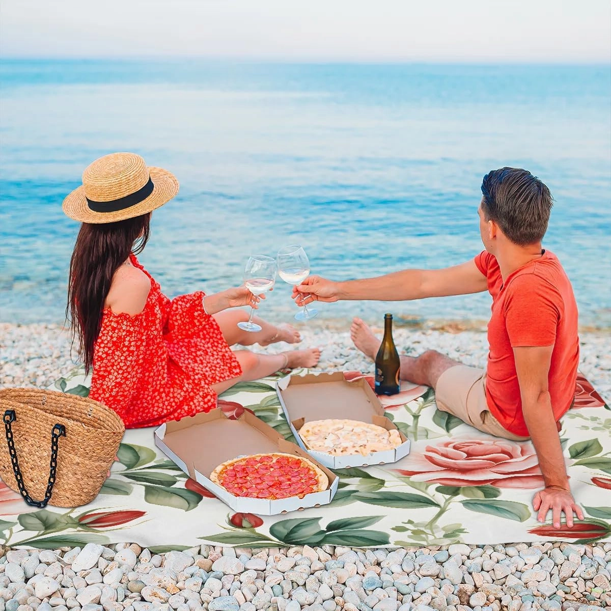 Beach Blanket, Floral Sandproof Beach Mat, Waterproof Quick Drying Sand Free Mat with 4 x Ground Spikes for Outdoor Travel Camping Hiking, Rose Flowers 68 x 59 in