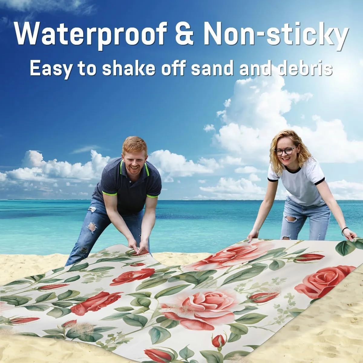 Beach Blanket, Floral Sandproof Beach Mat, Waterproof Quick Drying Sand Free Mat with 4 x Ground Spikes for Outdoor Travel Camping Hiking, Rose Flowers 68 x 59 in