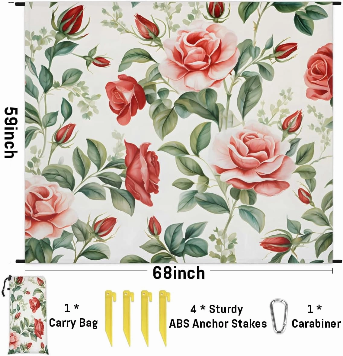 Beach Blanket, Floral Sandproof Beach Mat, Waterproof Quick Drying Sand Free Mat with 4 x Ground Spikes for Outdoor Travel Camping Hiking, Rose Flowers 68 x 59 in