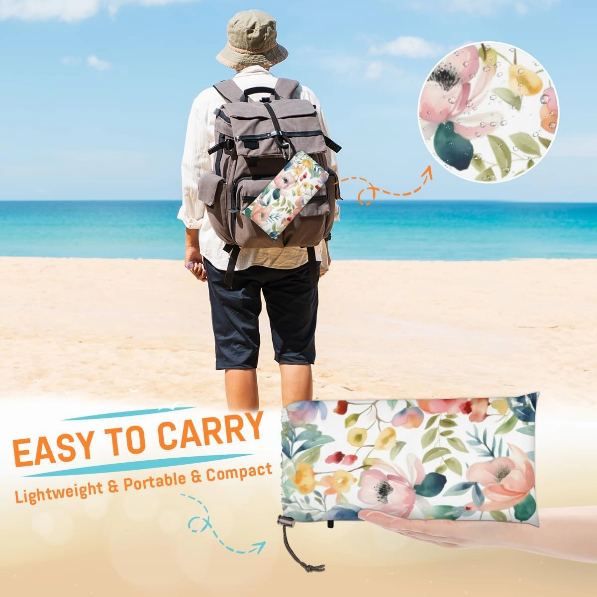 Beach Blanket, Flowers Theme Sandproof Beach Mat, Waterproof Quick Drying Sand Free Mat with 4 x Ground Spikes for Outdoor Travel Camping Hiking, Watercolor Flowers 68 x 59 in