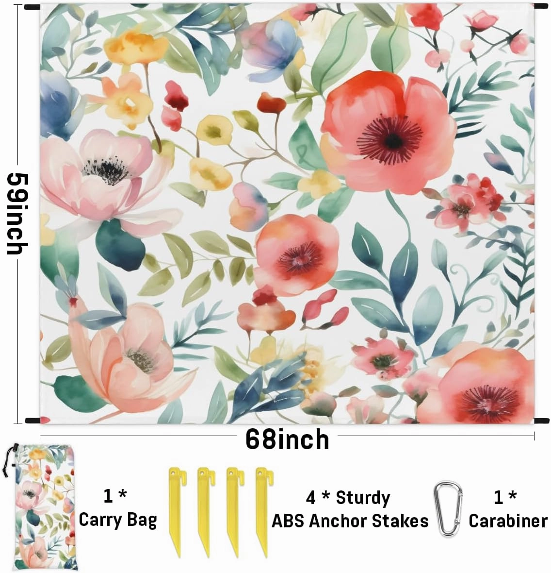 Beach Blanket, Flowers Theme Sandproof Beach Mat, Waterproof Quick Drying Sand Free Mat with 4 x Ground Spikes for Outdoor Travel Camping Hiking, Watercolor Flowers 68 x 59 in