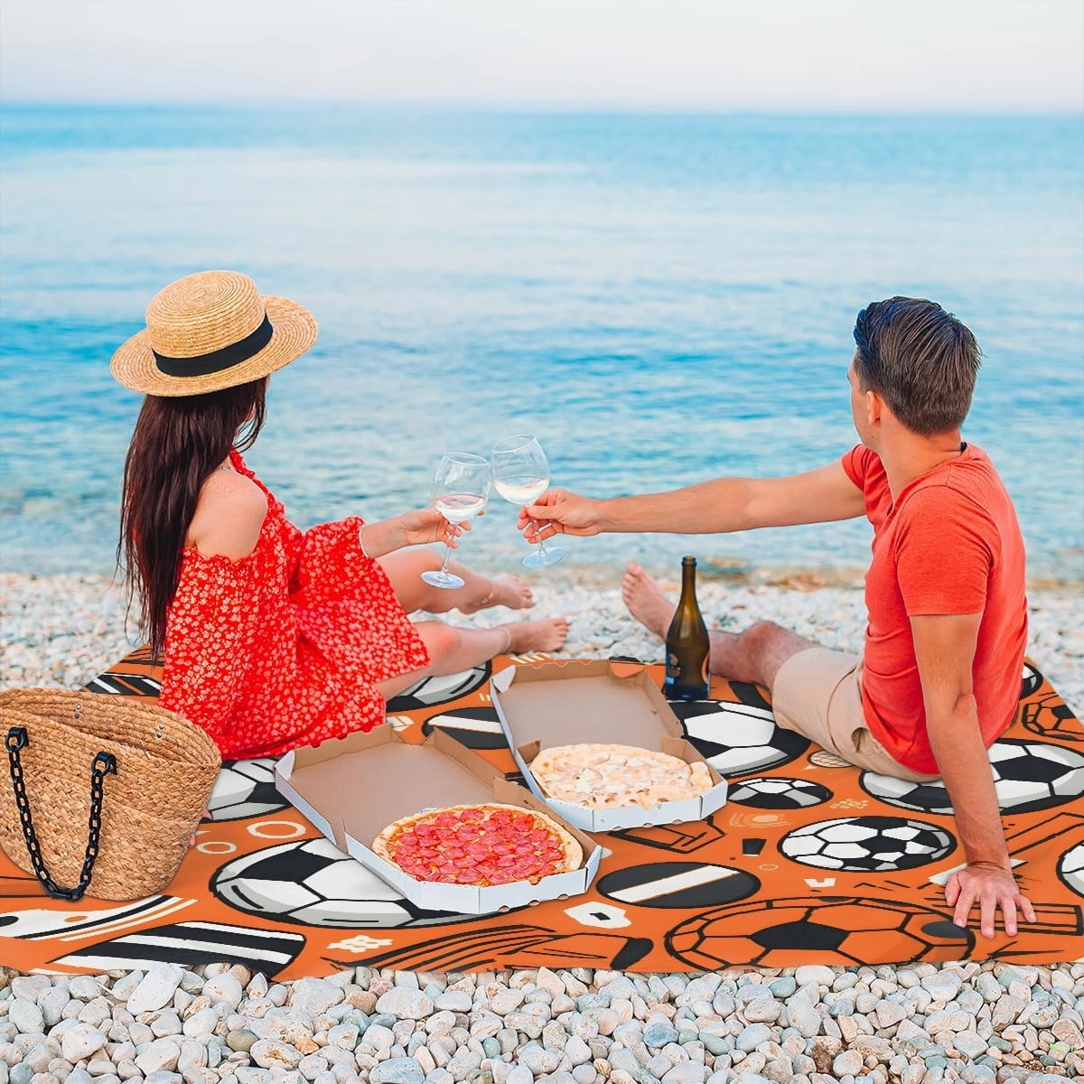 Beach Blanket, Football Sandproof Beach Mat, Waterproof Quick Drying Sand Free Mat with 4 x Ground Spikes for Outdoor Travel Camping Hiking, Soccer Sport 68 x 59 in