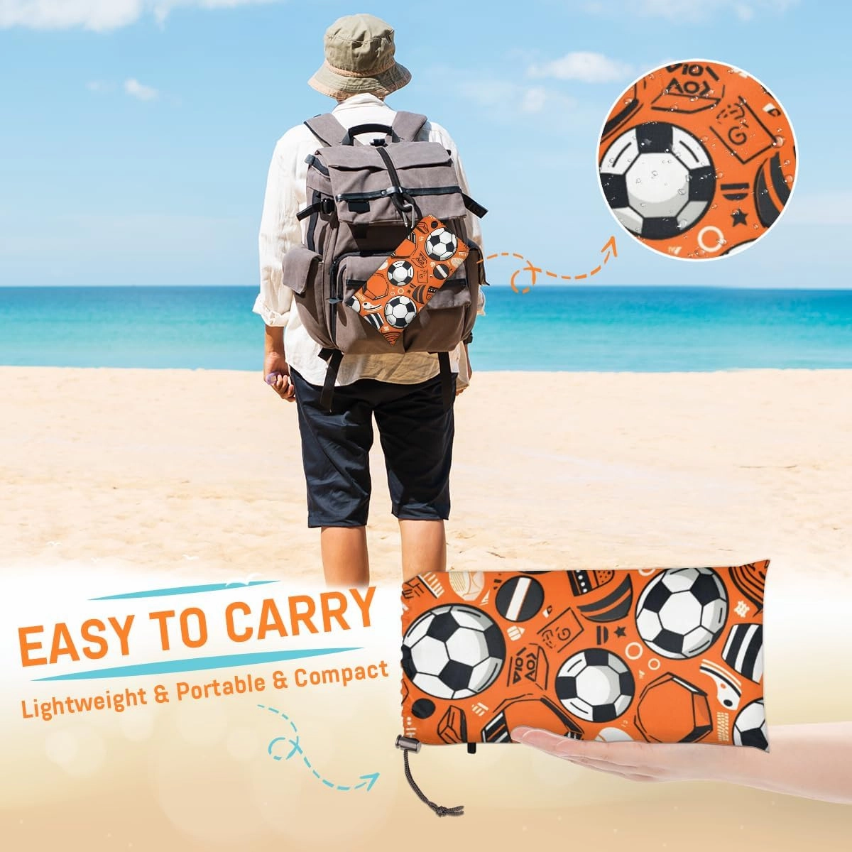 Beach Blanket, Football Sandproof Beach Mat, Waterproof Quick Drying Sand Free Mat with 4 x Ground Spikes for Outdoor Travel Camping Hiking, Soccer Sport 68 x 59 in