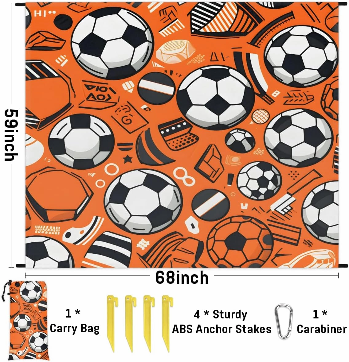 Beach Blanket, Football Sandproof Beach Mat, Waterproof Quick Drying Sand Free Mat with 4 x Ground Spikes for Outdoor Travel Camping Hiking, Soccer Sport 68 x 59 in