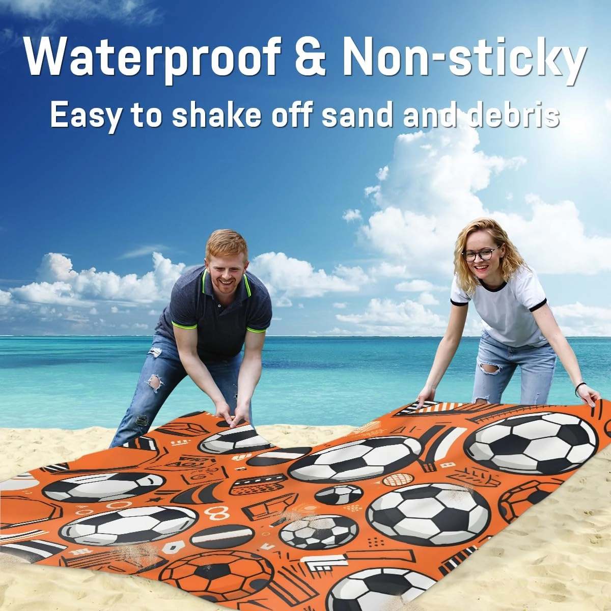 Beach Blanket, Football Sandproof Beach Mat, Waterproof Quick Drying Sand Free Mat with 4 x Ground Spikes for Outdoor Travel Camping Hiking, Soccer Sport 68 x 59 in