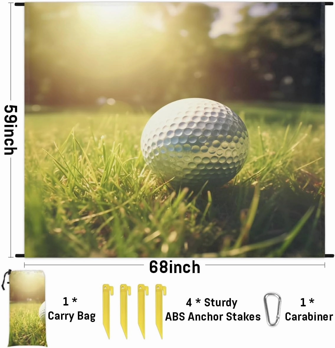 Beach Blanket, Golf Ball Sandproof Beach Mat, Waterproof Quick Drying Sand Free Mat with 4 x Ground Spikes for Outdoor Travel Camping Hiking, Golf Sports 68 x 59 in