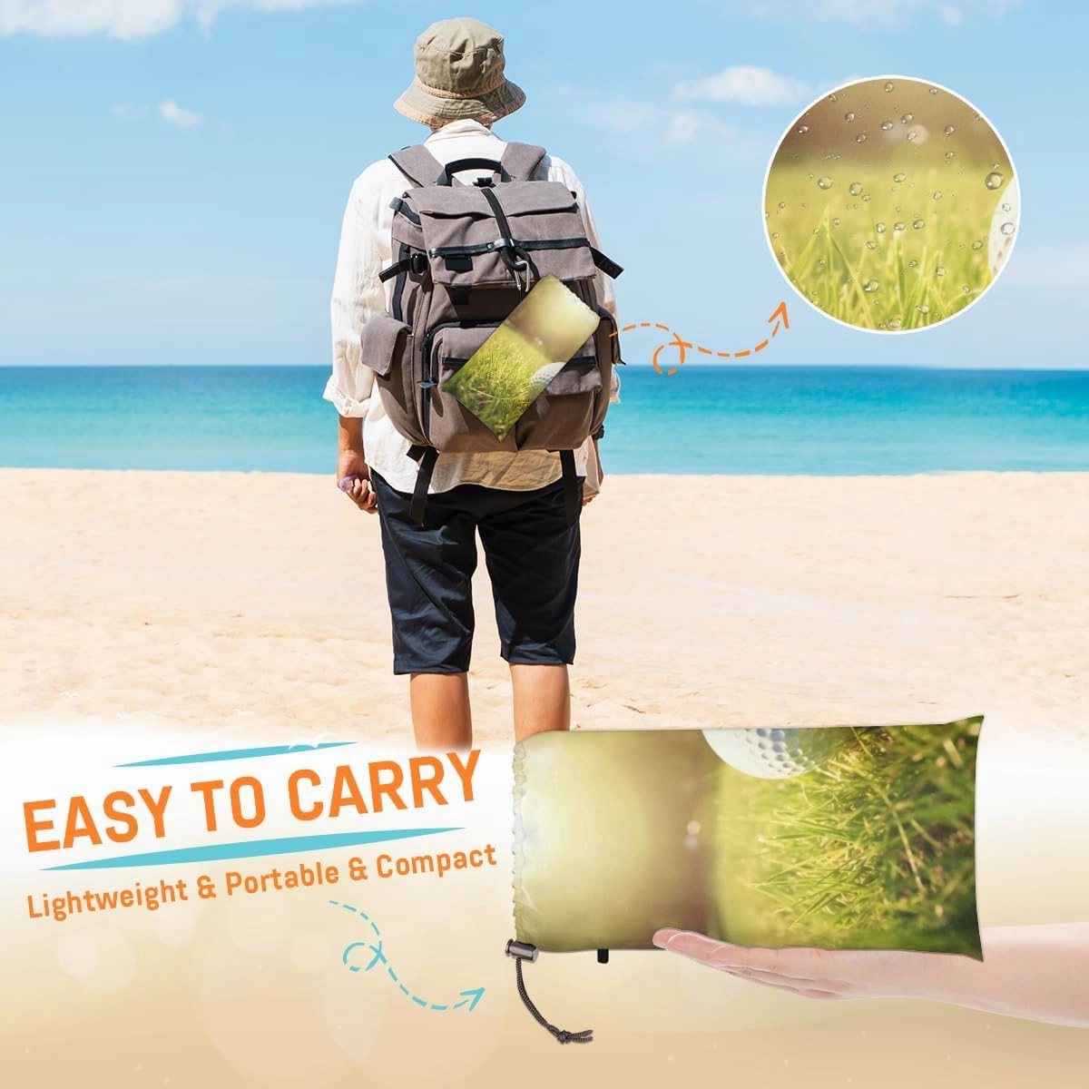Beach Blanket, Golf Ball Sandproof Beach Mat, Waterproof Quick Drying Sand Free Mat with 4 x Ground Spikes for Outdoor Travel Camping Hiking, Golf Sports 68 x 59 in