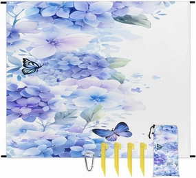 Beach Blanket, Hydrangea Sandproof Beach Mat, Waterproof Quick Drying Sand Free Mat with 4 x Ground Spikes for Outdoor Travel Camping Hiking, Flower Butterfly 68 x 59 in