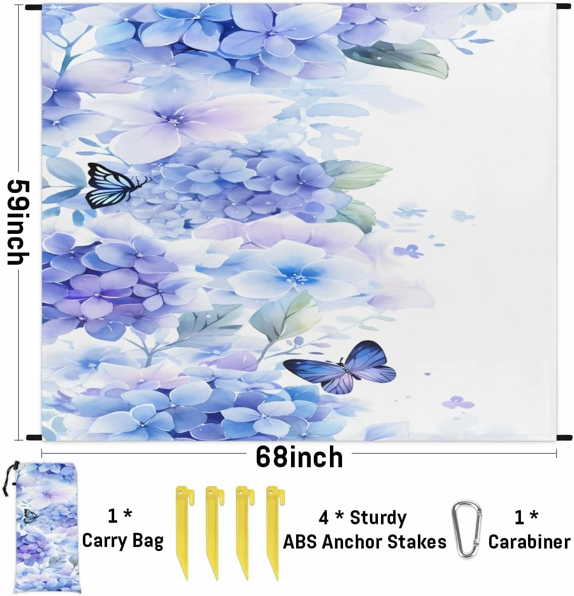 Beach Blanket, Hydrangea Sandproof Beach Mat, Waterproof Quick Drying Sand Free Mat with 4 x Ground Spikes for Outdoor Travel Camping Hiking, Flower Butterfly 68 x 59 in
