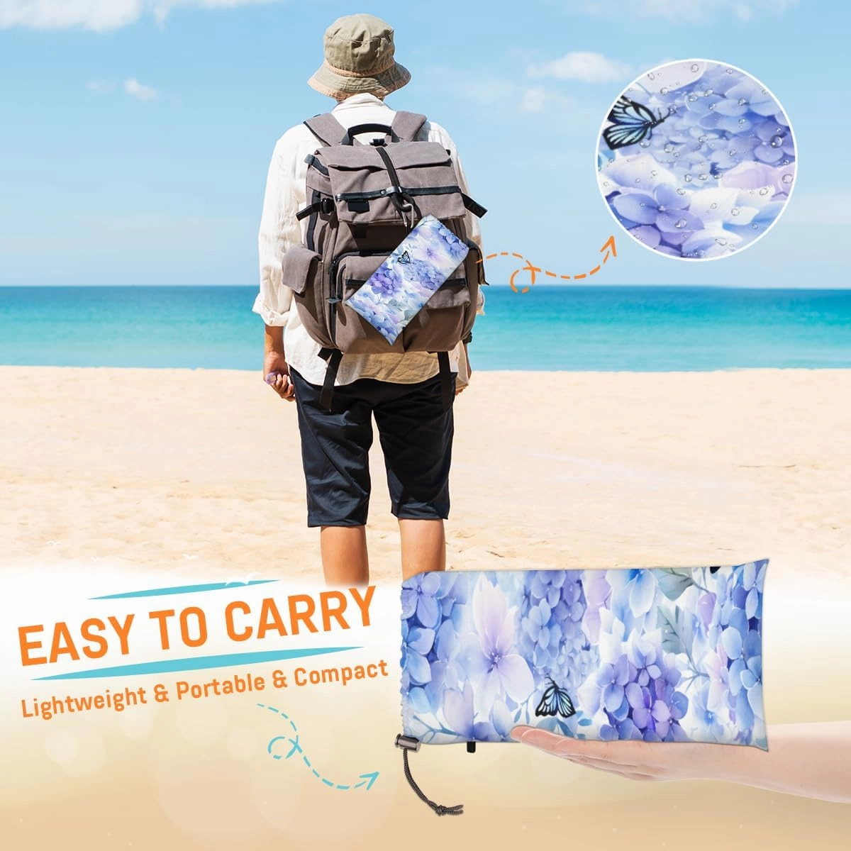 Beach Blanket, Hydrangea Sandproof Beach Mat, Waterproof Quick Drying Sand Free Mat with 4 x Ground Spikes for Outdoor Travel Camping Hiking, Flower Butterfly 68 x 59 in