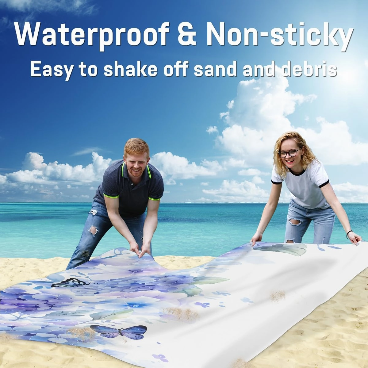 Beach Blanket, Hydrangea Sandproof Beach Mat, Waterproof Quick Drying Sand Free Mat with 4 x Ground Spikes for Outdoor Travel Camping Hiking, Flower Butterfly 68 x 59 in
