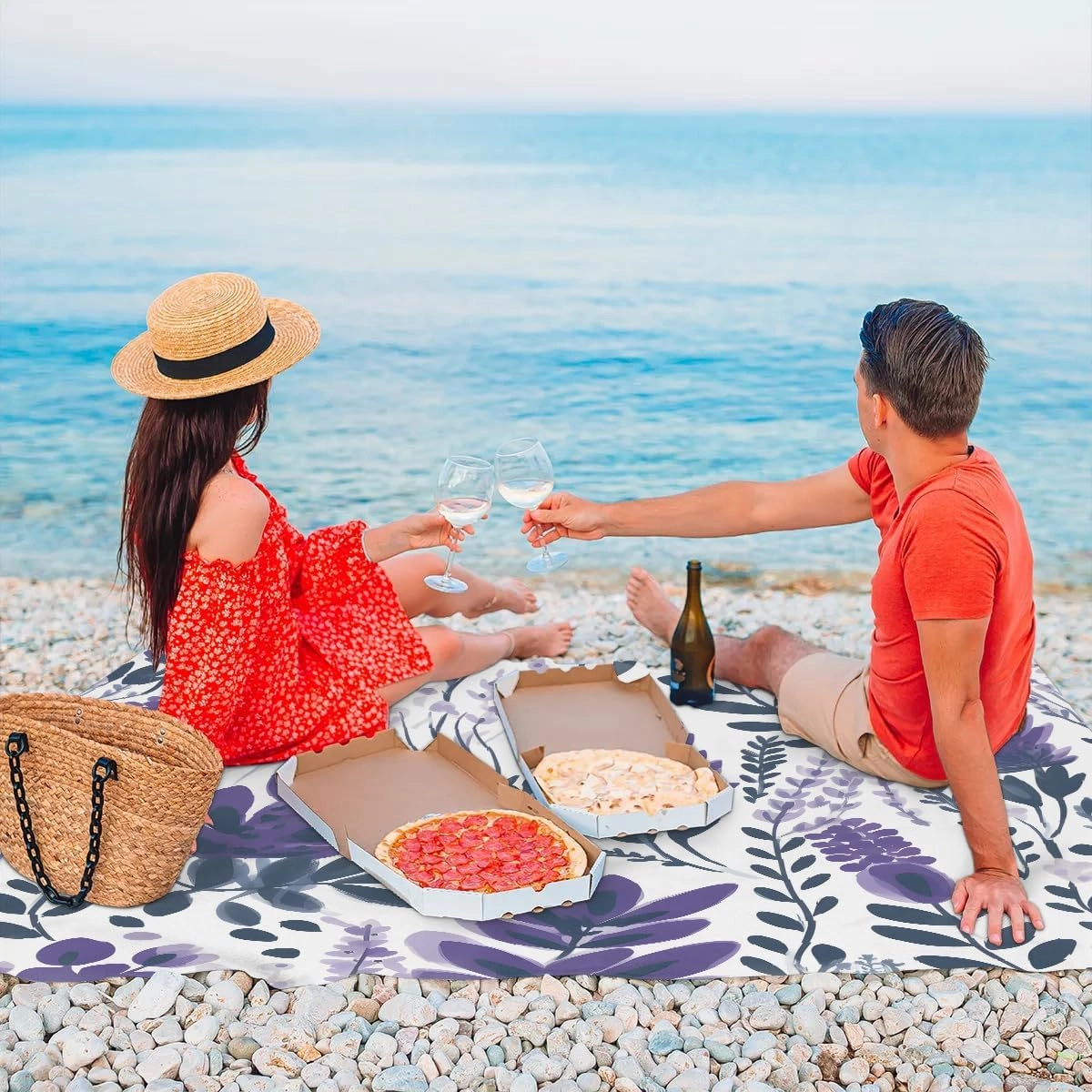 Beach Blanket, Lavender Flowers Sandproof Beach Mat, Waterproof Quick Drying Sand Free Mat with 4 x Ground Spikes for Outdoor Travel Camping Hiking, Wildflowers 68 x 59 in