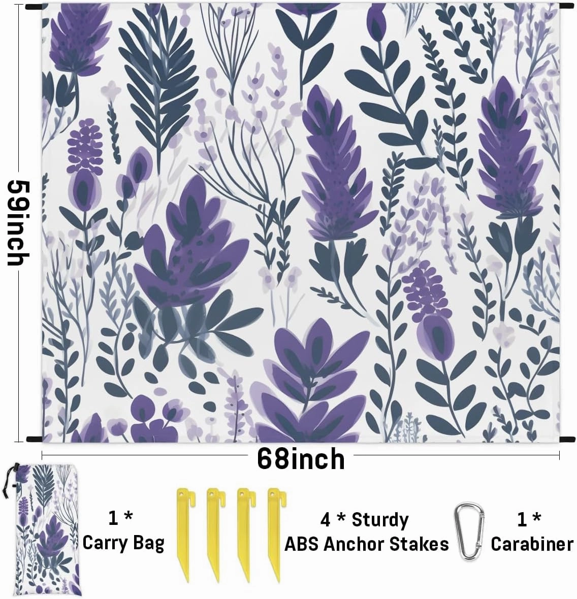 Beach Blanket, Lavender Flowers Sandproof Beach Mat, Waterproof Quick Drying Sand Free Mat with 4 x Ground Spikes for Outdoor Travel Camping Hiking, Wildflowers 68 x 59 in