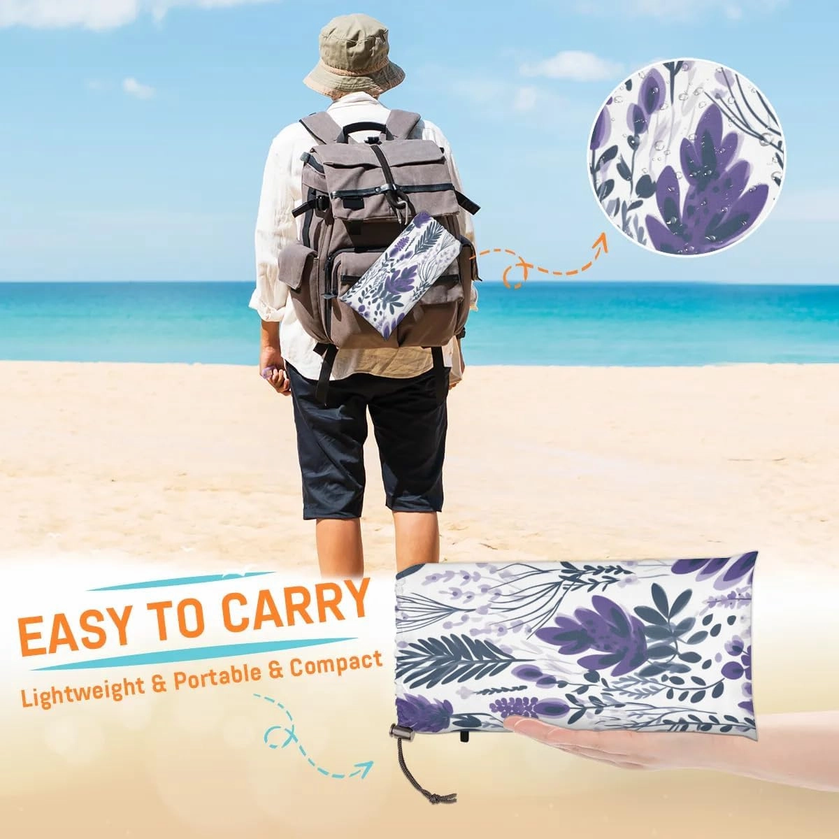 Beach Blanket, Lavender Flowers Sandproof Beach Mat, Waterproof Quick Drying Sand Free Mat with 4 x Ground Spikes for Outdoor Travel Camping Hiking, Wildflowers 68 x 59 in