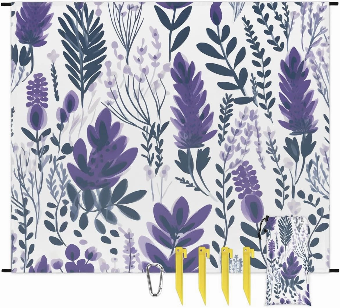 Beach Blanket, Lavender Flowers Sandproof Beach Mat, Waterproof Quick Drying Sand Free Mat with 4 x Ground Spikes for Outdoor Travel Camping Hiking, Wildflowers 68 x 59 in