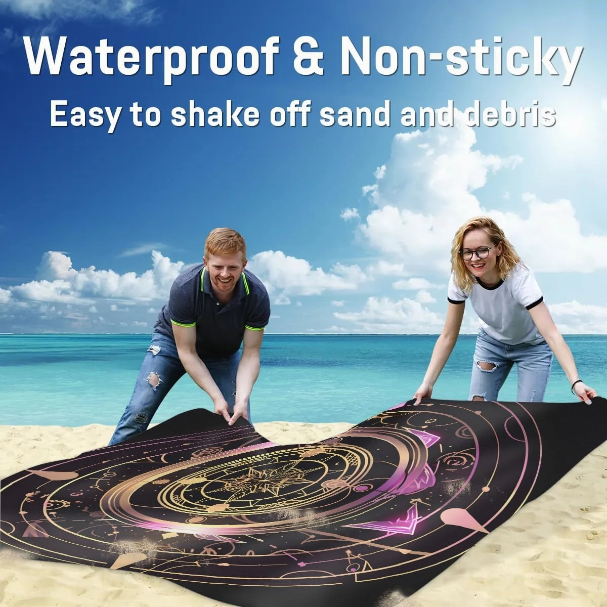 Beach Blanket, Magic Sandproof Beach Mat, Waterproof Quick Drying Sand Free Mat with 4 x Ground Spikes for Outdoor Travel Camping Hiking, Boho 68 x 59 in