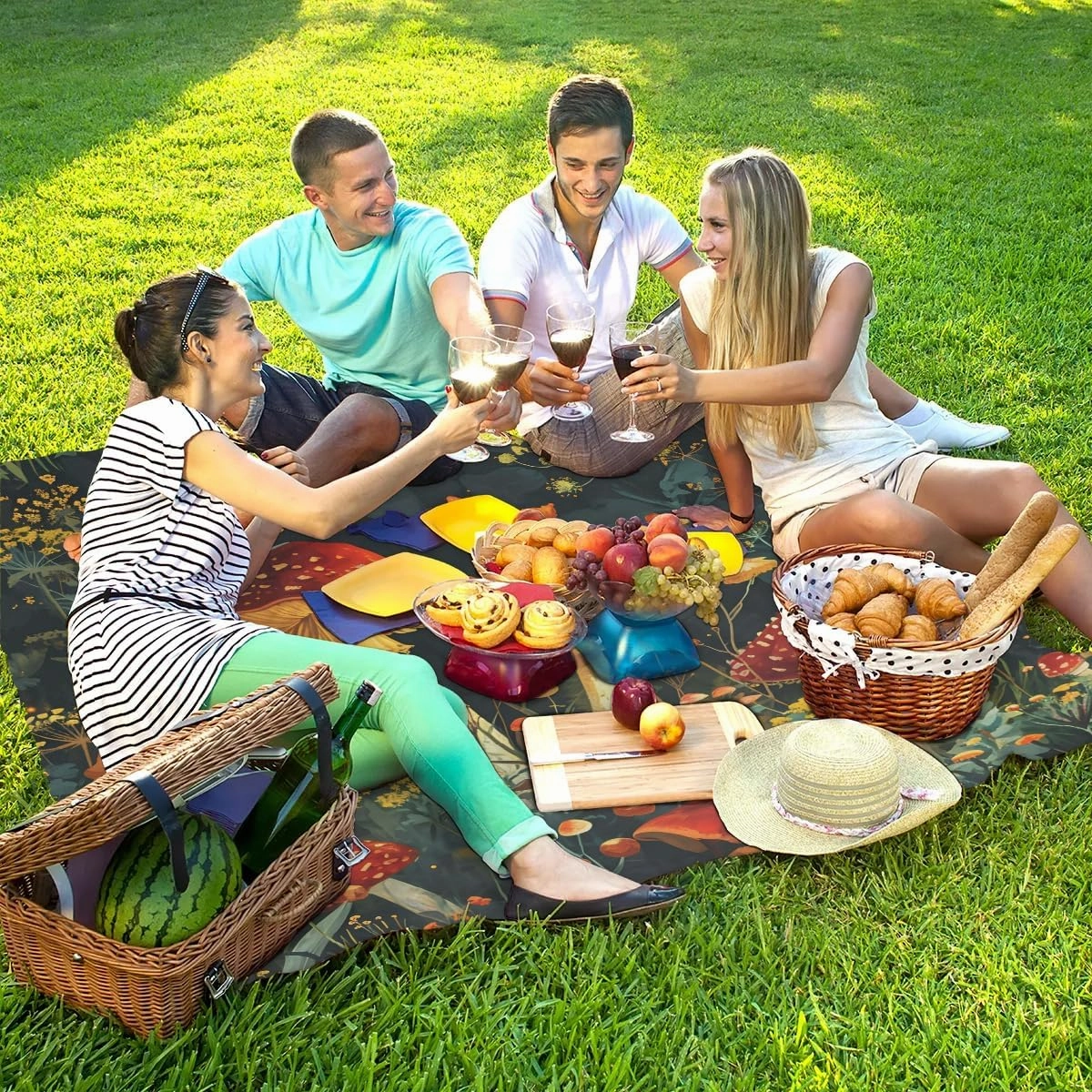 Beach Blanket, Mushroom Sandproof Beach Mat, Waterproof Quick Drying Sand Free Mat with 4 x Ground Spikes for Outdoor Travel Camping Hiking, Fall Mushrooms 68 x 59 in