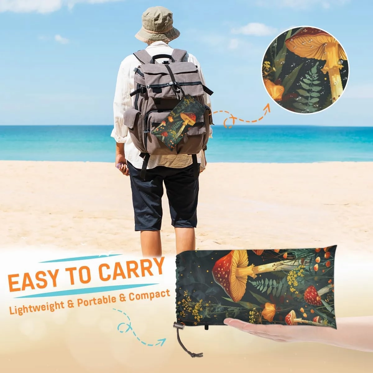 Beach Blanket, Mushroom Sandproof Beach Mat, Waterproof Quick Drying Sand Free Mat with 4 x Ground Spikes for Outdoor Travel Camping Hiking, Fall Mushrooms 68 x 59 in