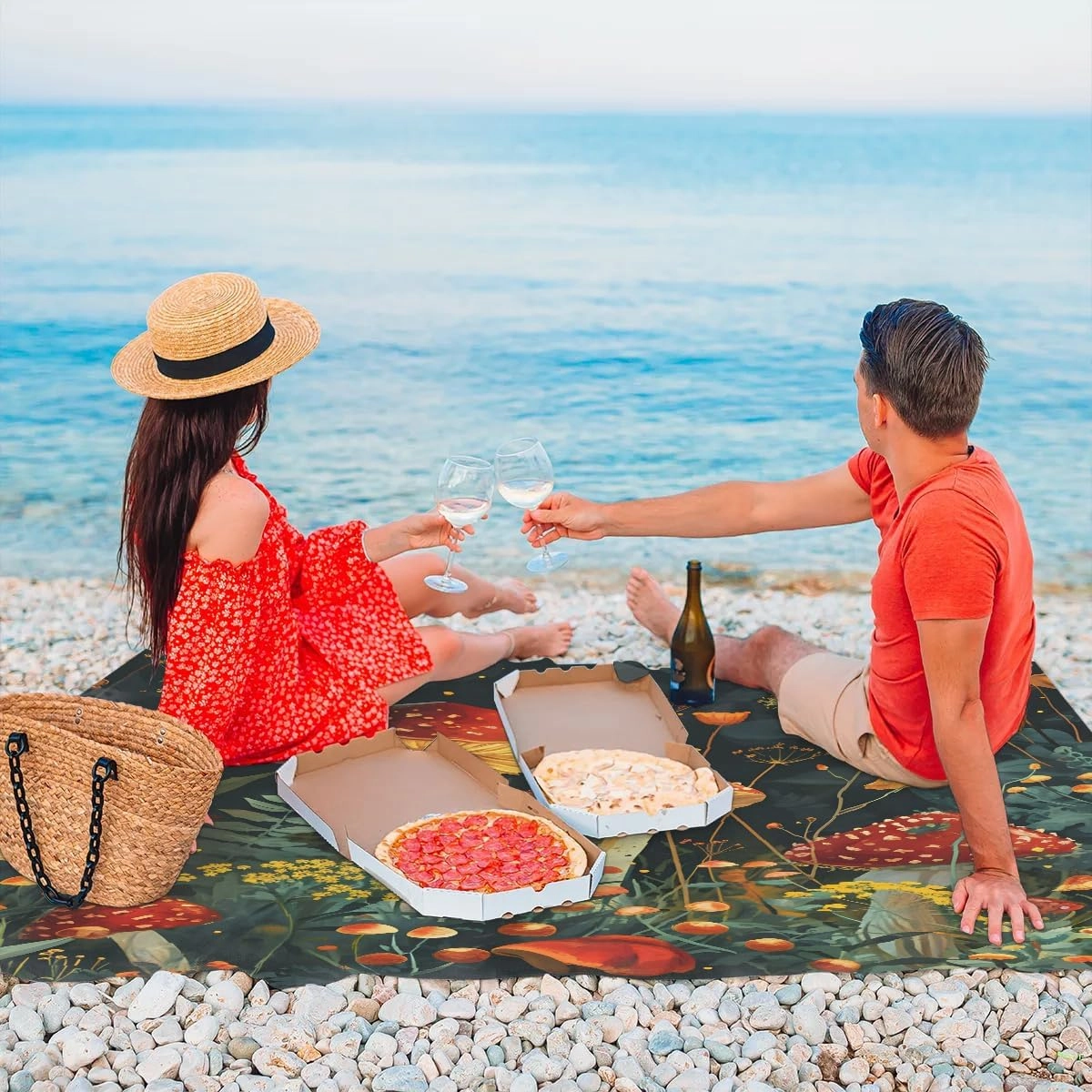 Beach Blanket, Mushroom Sandproof Beach Mat, Waterproof Quick Drying Sand Free Mat with 4 x Ground Spikes for Outdoor Travel Camping Hiking, Fall Mushrooms 68 x 59 in