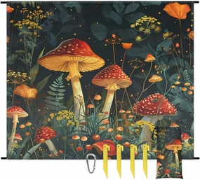 Beach Blanket, Mushroom Sandproof Beach Mat, Waterproof Quick Drying Sand Free Mat with 4 x Ground Spikes for Outdoor Travel Camping Hiking, Fall Mushrooms 68 x 59 in