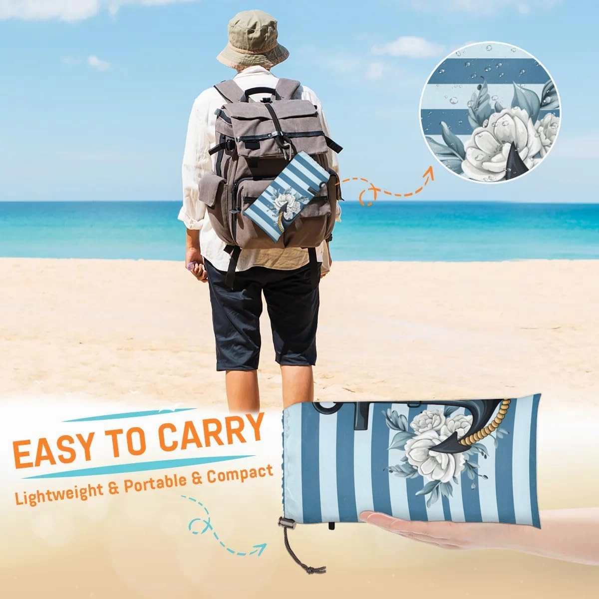 Beach Blanket, Nautical Theme Sandproof Beach Mat, Waterproof Quick Drying Sand Free Mat with 4 x Ground Spikes for Outdoor Travel Camping Hiking, Flowers Stripes 68 x 59 in