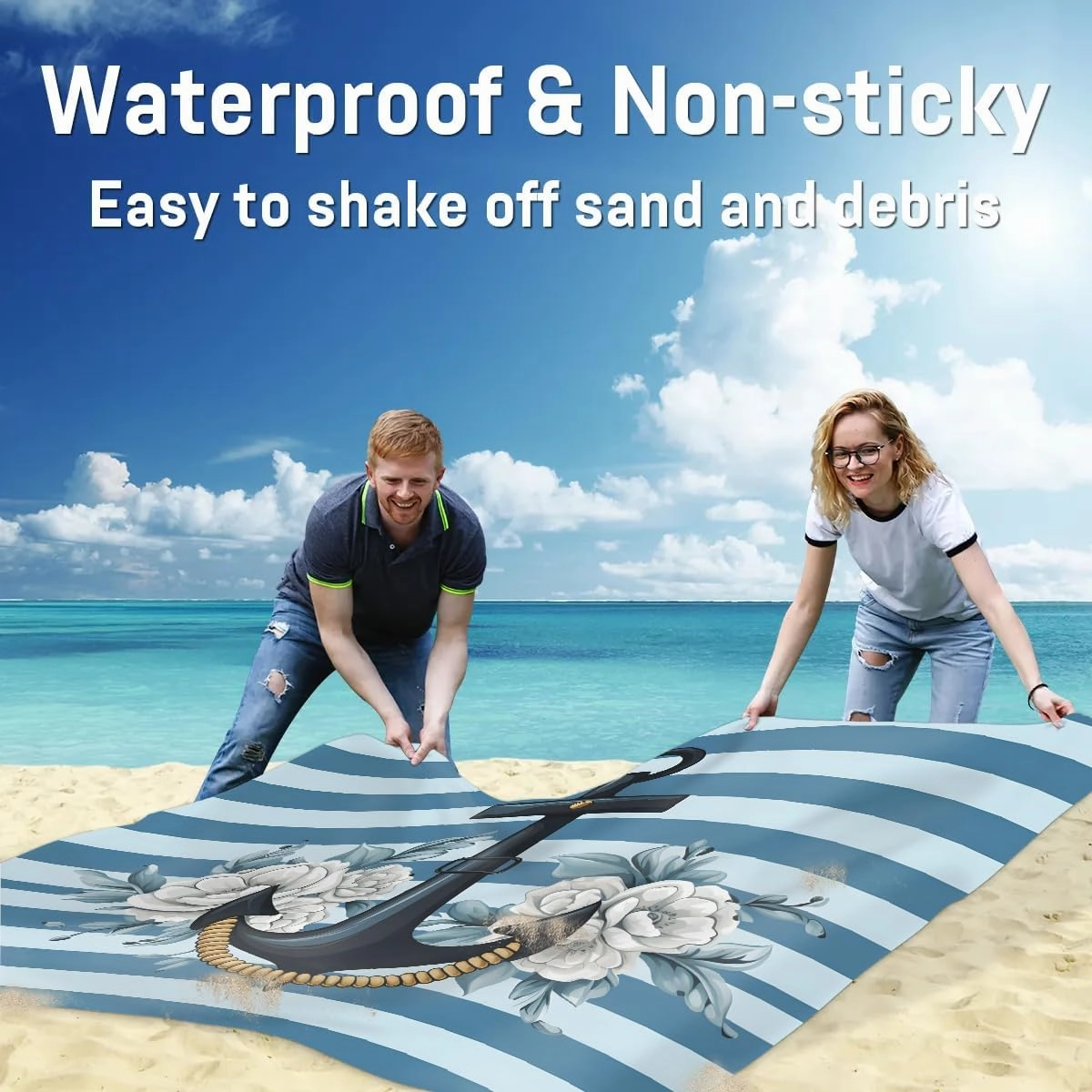 Beach Blanket, Nautical Theme Sandproof Beach Mat, Waterproof Quick Drying Sand Free Mat with 4 x Ground Spikes for Outdoor Travel Camping Hiking, Flowers Stripes 68 x 59 in