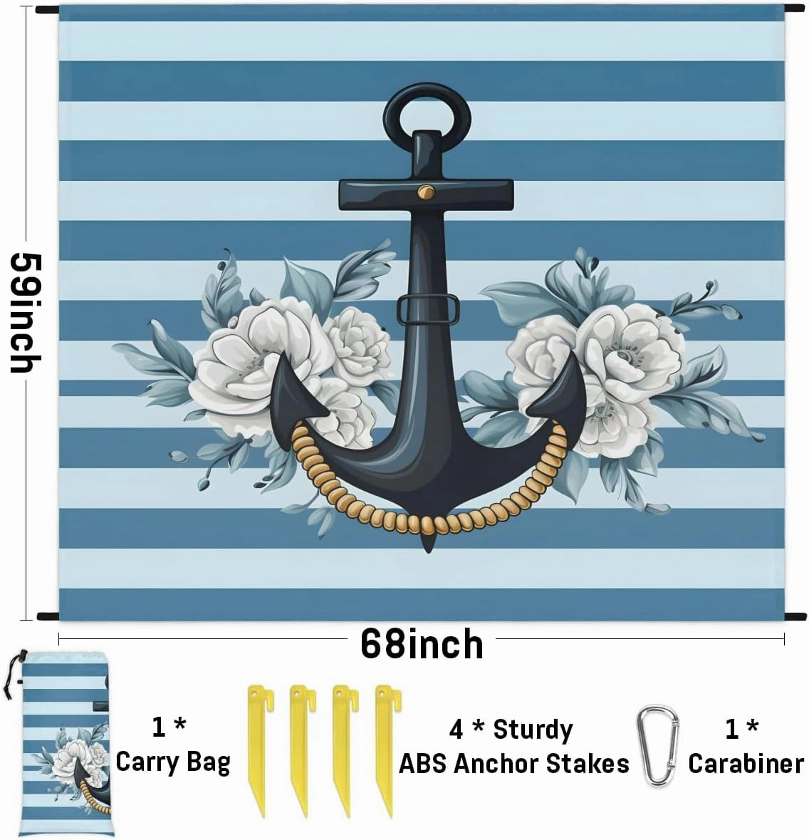 Beach Blanket, Nautical Theme Sandproof Beach Mat, Waterproof Quick Drying Sand Free Mat with 4 x Ground Spikes for Outdoor Travel Camping Hiking, Flowers Stripes 68 x 59 in