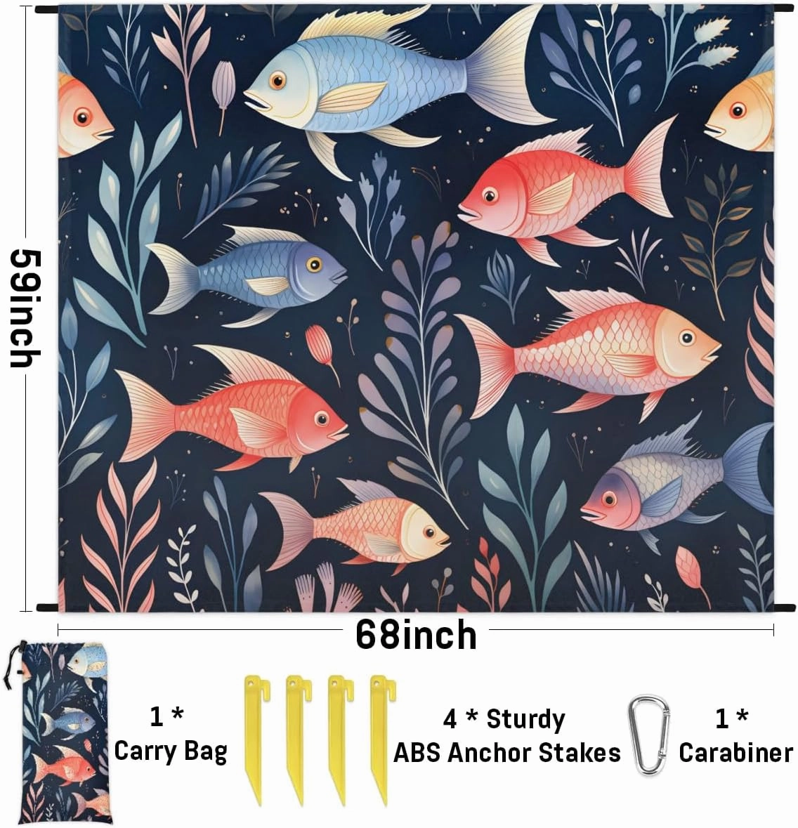 Beach Blanket, Ocean Fish Sandproof Beach Mat, Waterproof Quick Drying Sand Free Mat with 4 x Ground Spikes for Outdoor Travel Camping Hiking, Tropical Fish 68 x 59 in