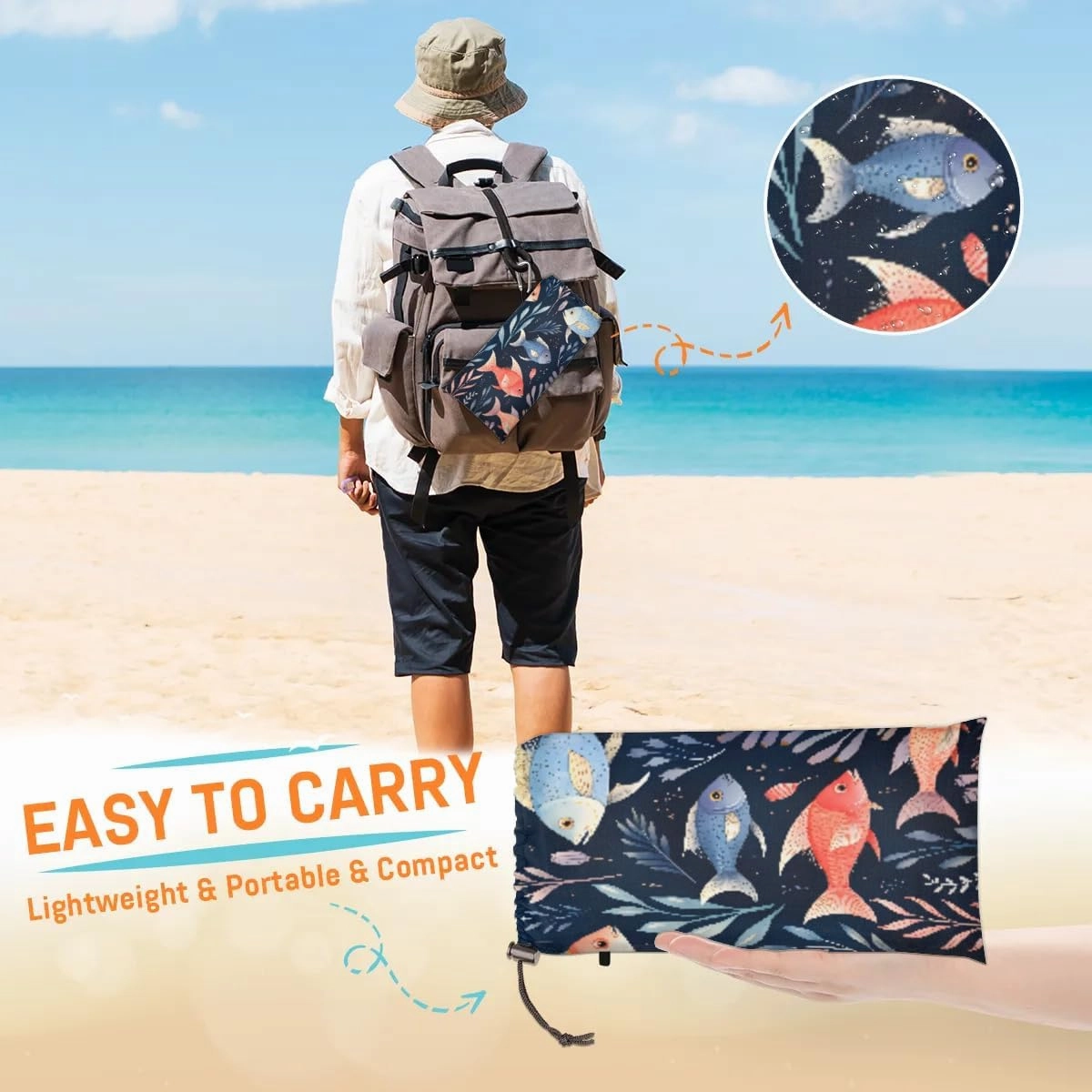 Beach Blanket, Ocean Fish Sandproof Beach Mat, Waterproof Quick Drying Sand Free Mat with 4 x Ground Spikes for Outdoor Travel Camping Hiking, Tropical Fish 68 x 59 in