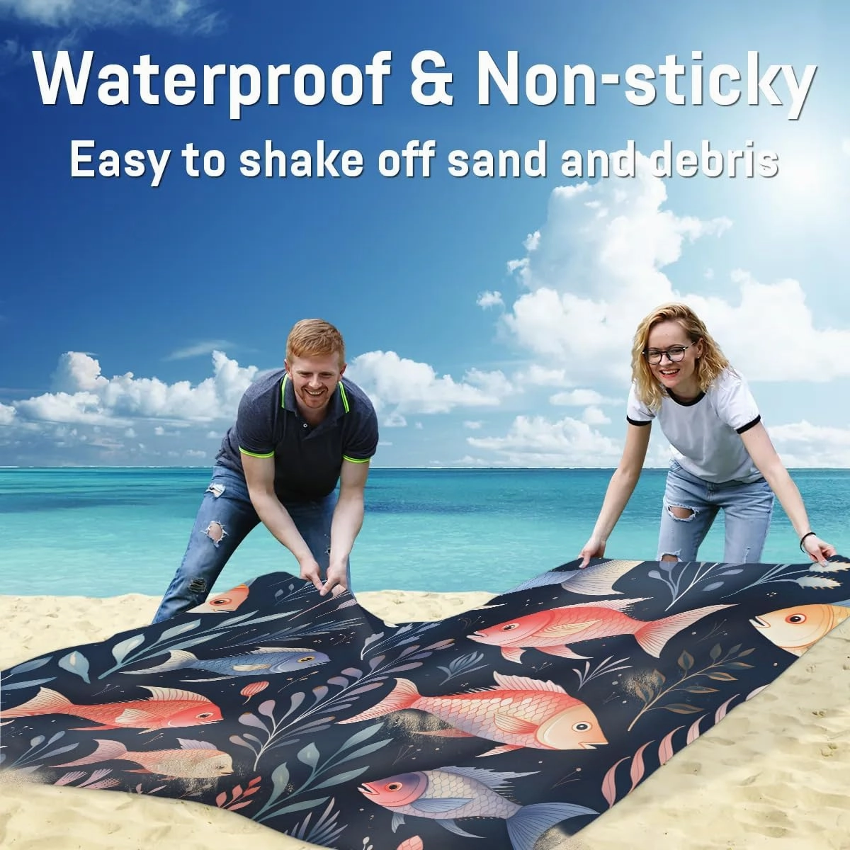 Beach Blanket, Ocean Fish Sandproof Beach Mat, Waterproof Quick Drying Sand Free Mat with 4 x Ground Spikes for Outdoor Travel Camping Hiking, Tropical Fish 68 x 59 in