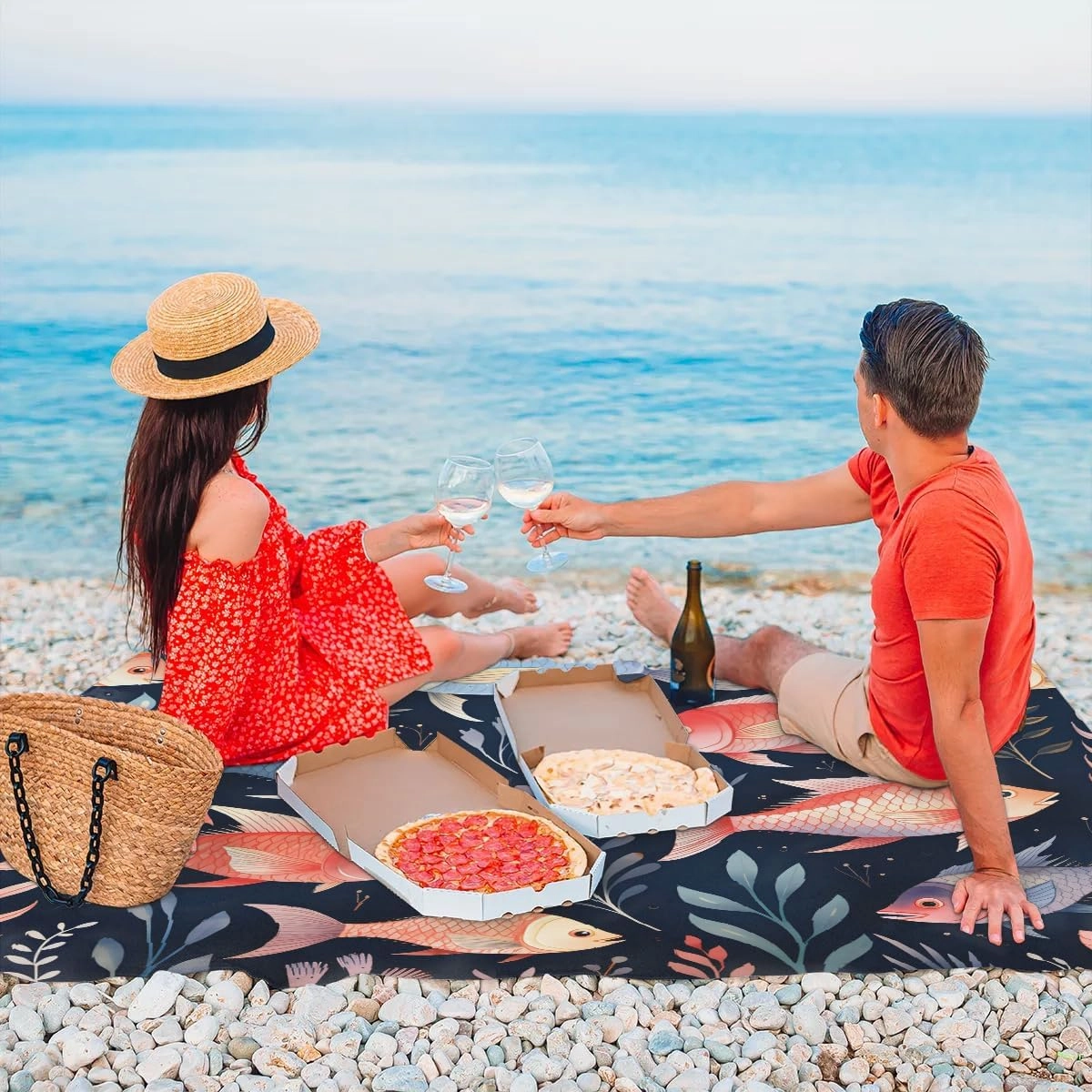 Beach Blanket, Ocean Fish Sandproof Beach Mat, Waterproof Quick Drying Sand Free Mat with 4 x Ground Spikes for Outdoor Travel Camping Hiking, Tropical Fish 68 x 59 in