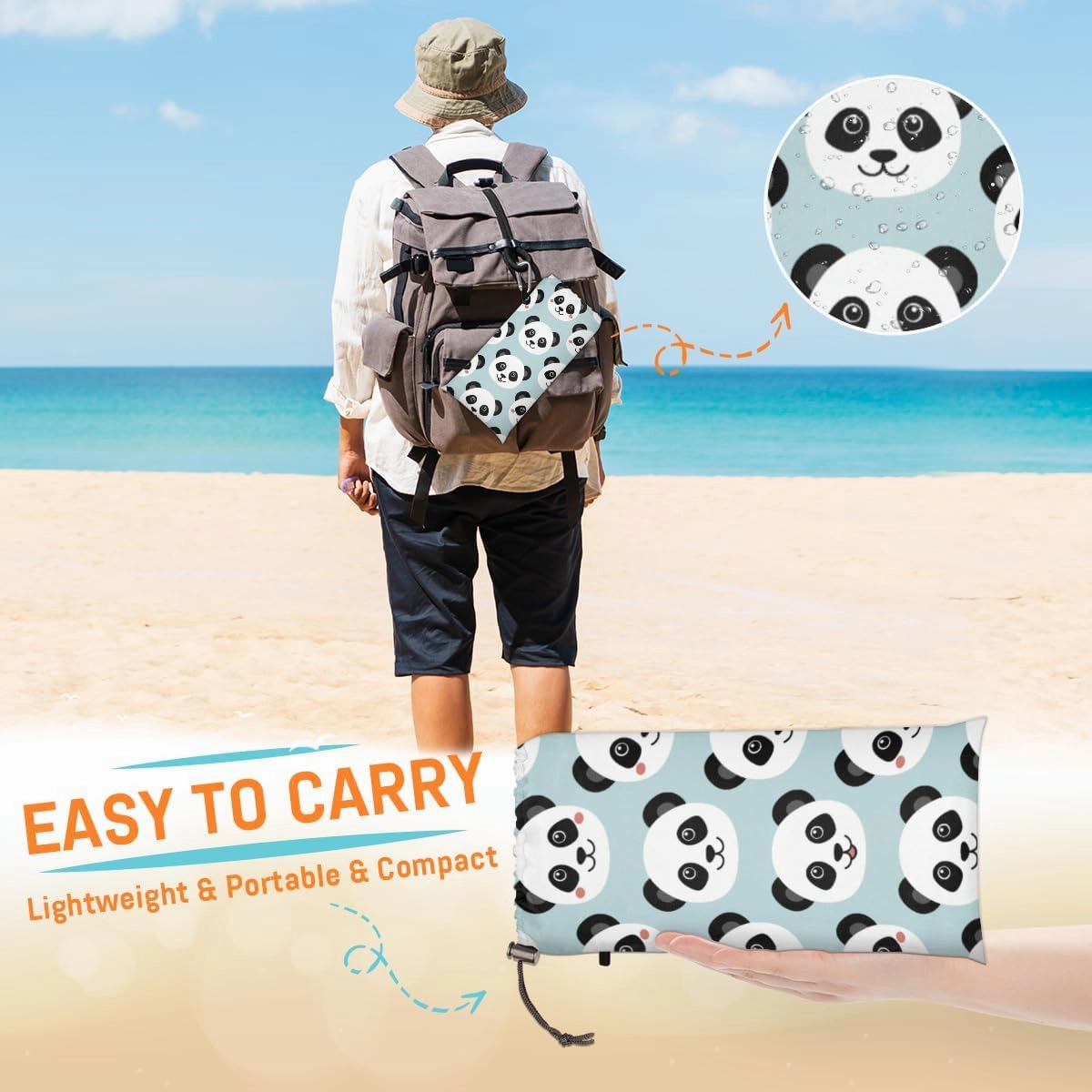 Beach Blanket, Panda Print Sandproof Beach Mat, Waterproof Quick Drying Sand Free Mat with 4 x Ground Spikes for Outdoor Travel Camping Hiking, Funny Animal Panda 68 x 59 in