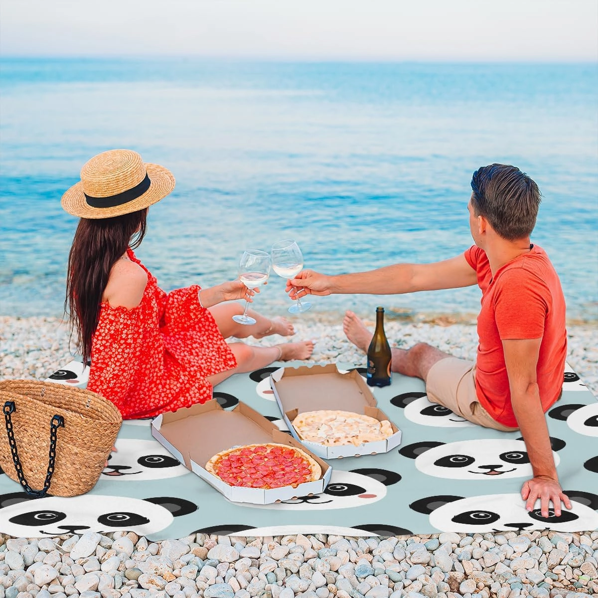 Beach Blanket, Panda Print Sandproof Beach Mat, Waterproof Quick Drying Sand Free Mat with 4 x Ground Spikes for Outdoor Travel Camping Hiking, Funny Animal Panda 68 x 59 in