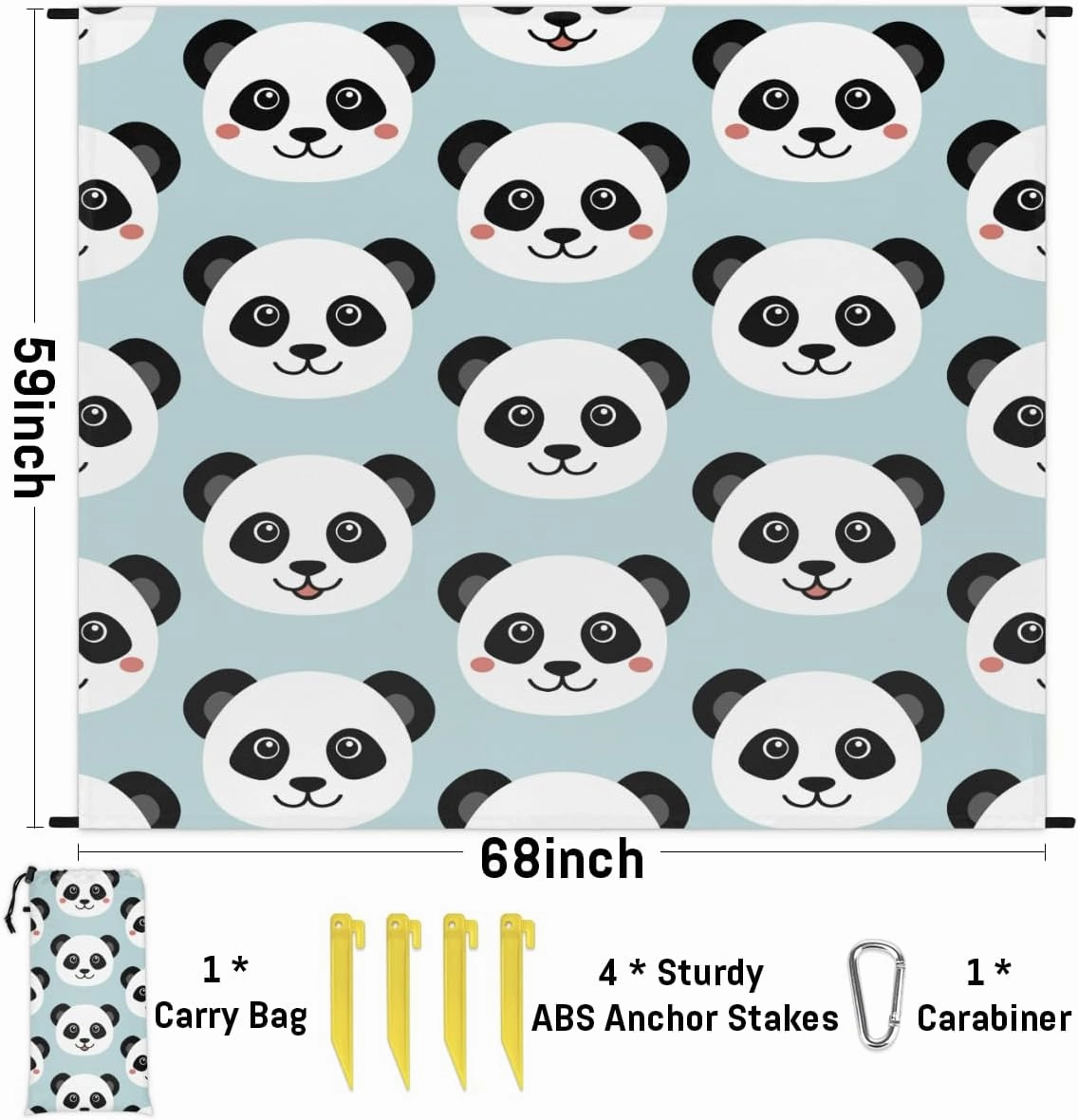 Beach Blanket, Panda Print Sandproof Beach Mat, Waterproof Quick Drying Sand Free Mat with 4 x Ground Spikes for Outdoor Travel Camping Hiking, Funny Animal Panda 68 x 59 in