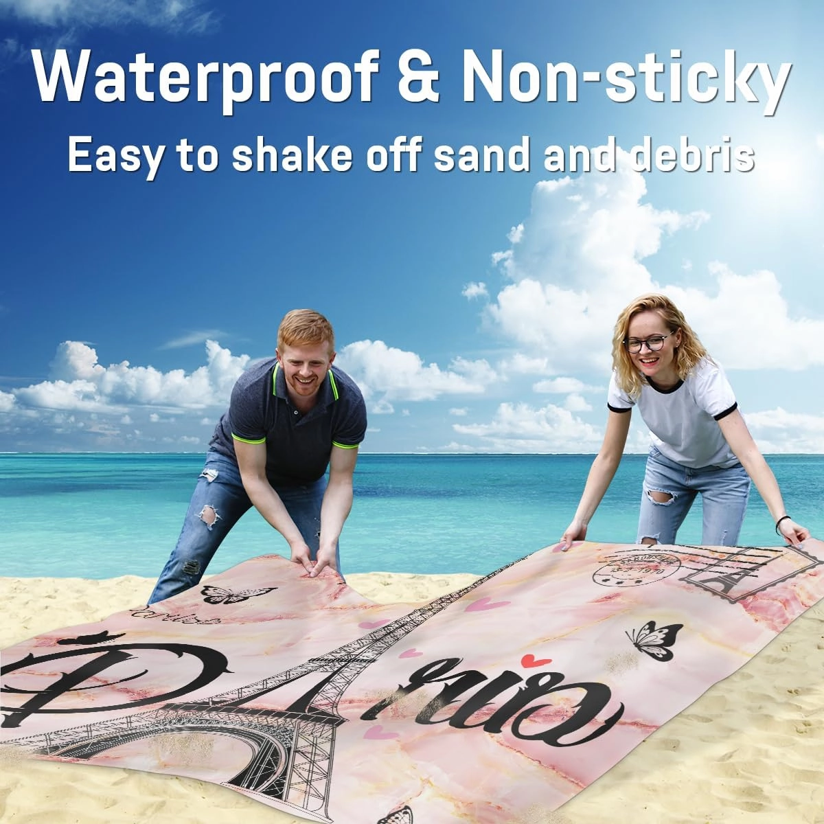 Beach Blanket, Paris Theme Sandproof Beach Mat, Waterproof Quick Drying Sand Free Mat with 4 x Ground Spikes for Outdoor Travel Camping Hiking, Eiffel Tower 68 x 59 in