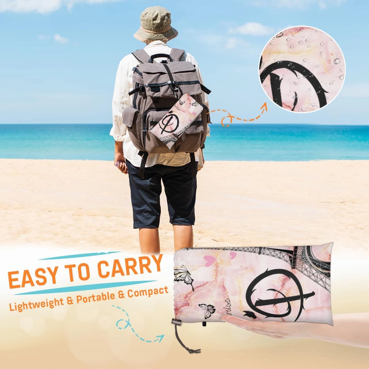 Beach Blanket, Paris Theme Sandproof Beach Mat, Waterproof Quick Drying Sand Free Mat with 4 x Ground Spikes for Outdoor Travel Camping Hiking, Eiffel Tower 68 x 59 in