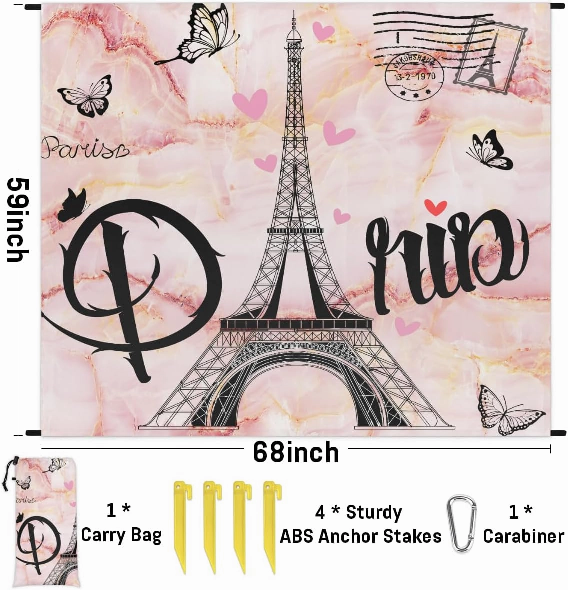 Beach Blanket, Paris Theme Sandproof Beach Mat, Waterproof Quick Drying Sand Free Mat with 4 x Ground Spikes for Outdoor Travel Camping Hiking, Eiffel Tower 68 x 59 in