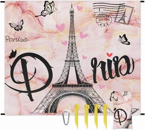 Beach Blanket, Paris Theme Sandproof Beach Mat, Waterproof Quick Drying Sand Free Mat with 4 x Ground Spikes for Outdoor Travel Camping Hiking, Eiffel Tower 68 x 59 in