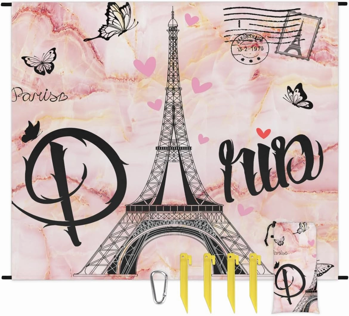 Beach Blanket, Paris Theme Sandproof Beach Mat, Waterproof Quick Drying Sand Free Mat with 4 x Ground Spikes for Outdoor Travel Camping Hiking, Eiffel Tower 68 x 59 in