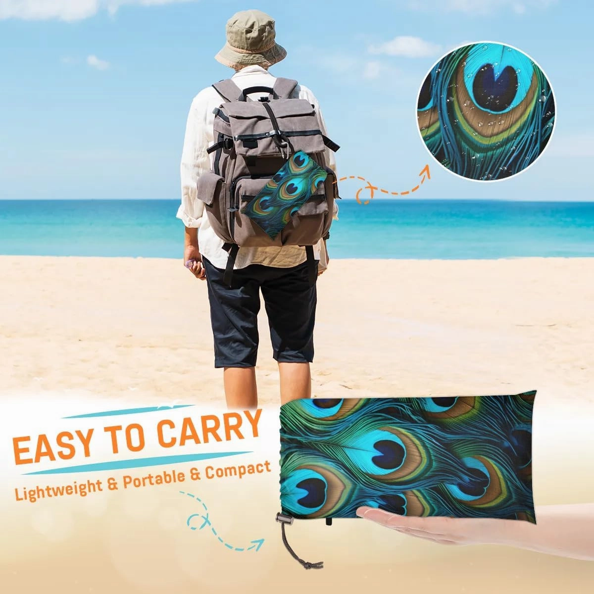 Beach Blanket, Peacock Feathers Sandproof Beach Mat, Waterproof Quick Drying Sand Free Mat with 4 x Ground Spikes for Outdoor Travel Camping Hiking, Beautiful Feathers 68 x 59 in