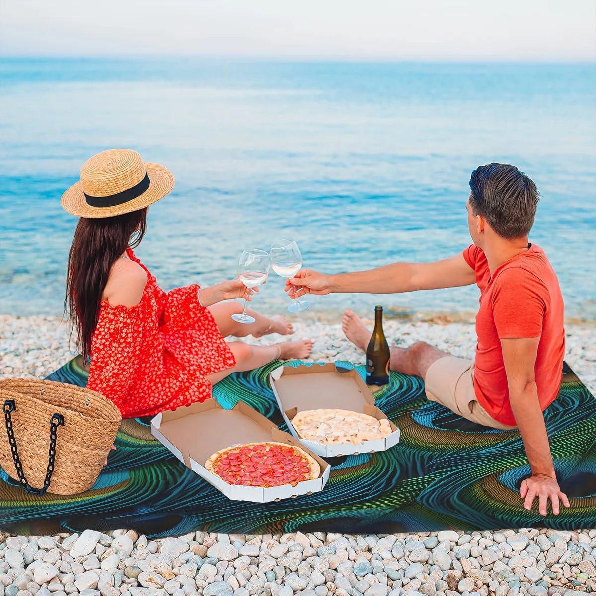 Beach Blanket, Peacock Feathers Sandproof Beach Mat, Waterproof Quick Drying Sand Free Mat with 4 x Ground Spikes for Outdoor Travel Camping Hiking, Beautiful Feathers 68 x 59 in